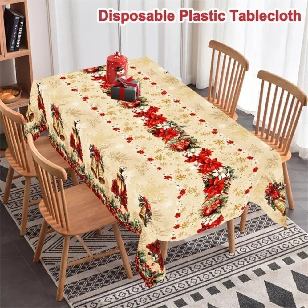 51x87in Elegant Disposable Red Poinsettia Floral Plastic Christmas Tablecloth